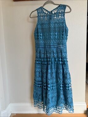Just Me Teal Blue Crochet Lace Midi Dress